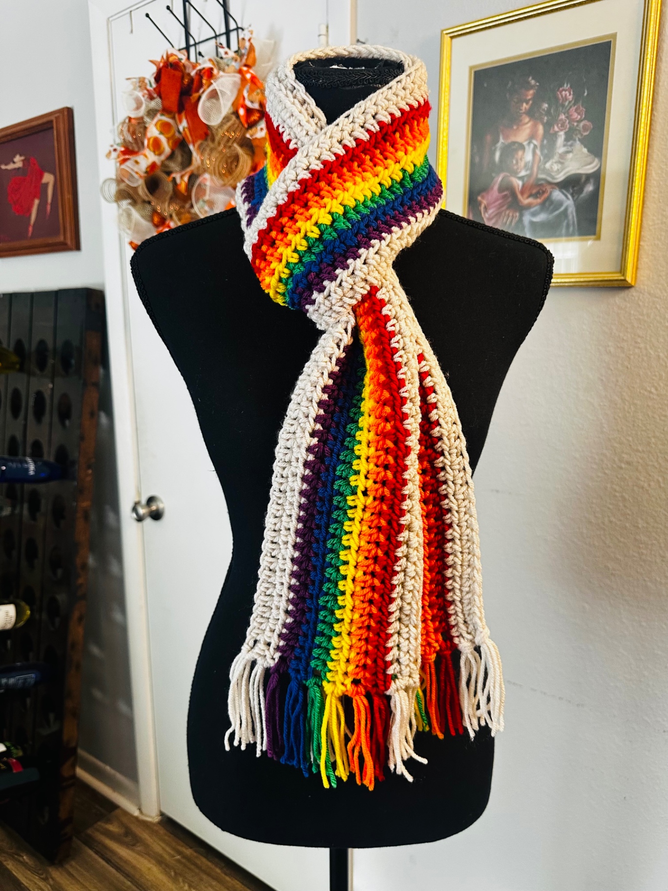Rainbow Cream Fringe Scarf — handmade crochet scarve, Rainbow-inspired stripes bordered by cream with multicolored fringe.