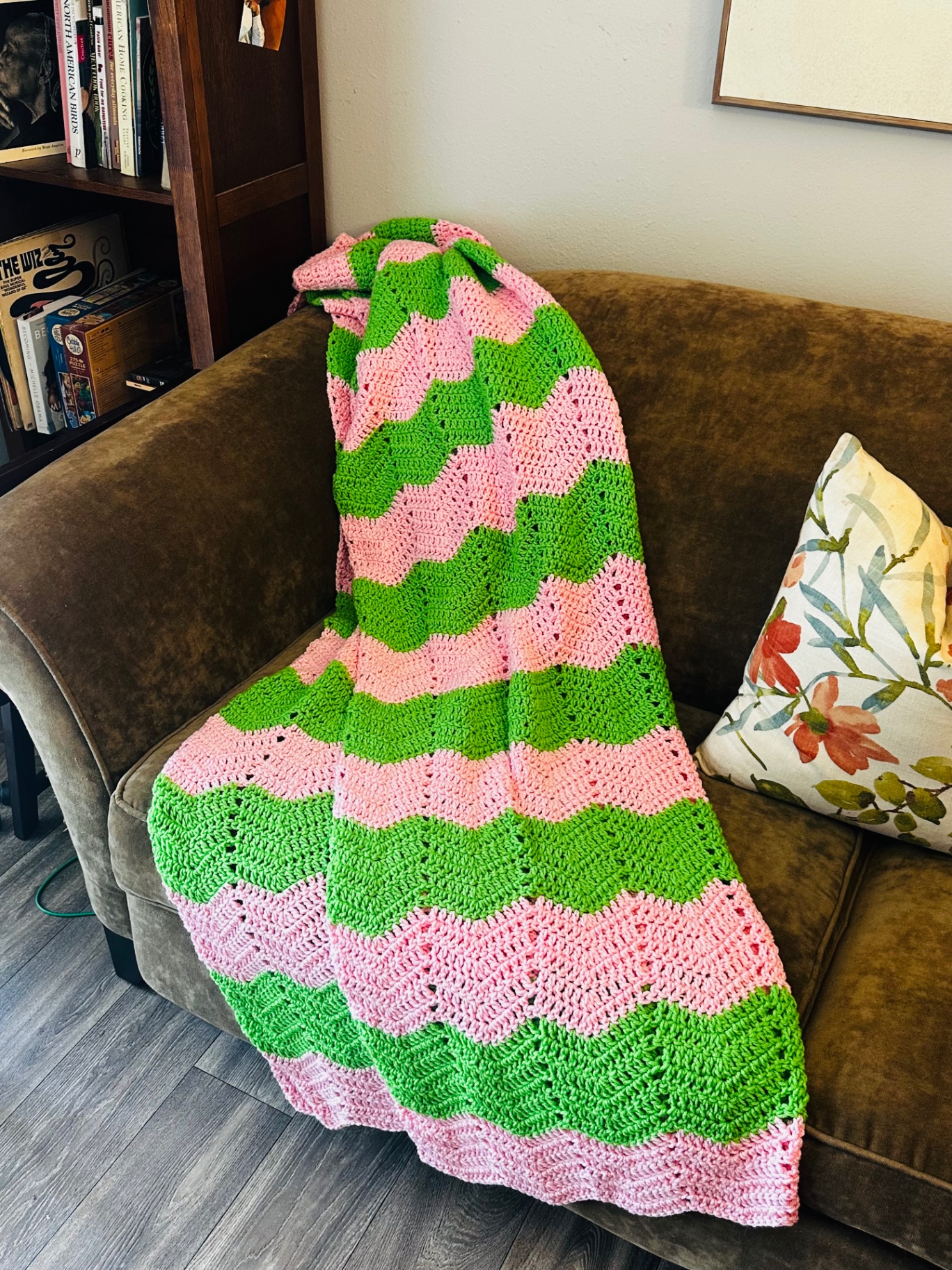 Watermelon Ripple Throw — handmade crochet blanket, Bright lime green and bubblegum pink in a repeating ripple pattern.